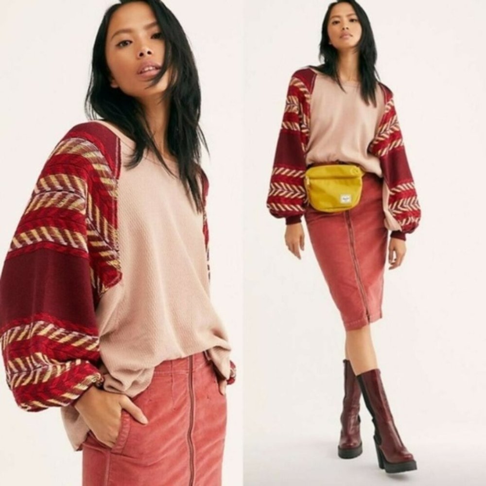 Free People Beige Top with Burgundy Patterned Balloon Sleeves
